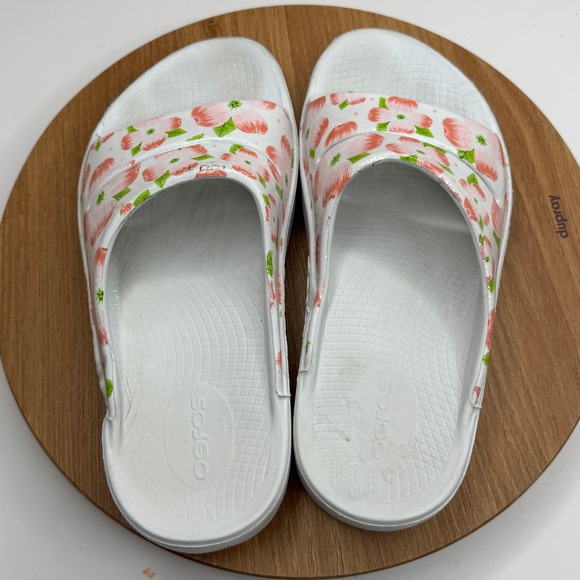 OOFOS‎ OOahh Slide Sandal Cherry Blossom Floral Pink White Comfort Recovery Sz 7 - Picture 4 of 8